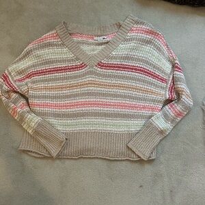 American Eagle Outfitters V-Neck Sweater - Pink, Green, Tan Stripes